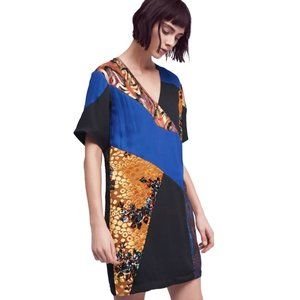 anthropologie/HD in paris metallic patchwork dress in blue & gold burnout velvet